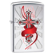 Зажигалка Zippo 28526 Gothic Cross High Polish Chrome (зеркальный хром, рисунок креста с алой лентой)