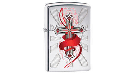 Зажигалка Zippo 28526 Gothic Cross High Polish Chrome (зеркальный хром, рисунок креста с алой лентой)