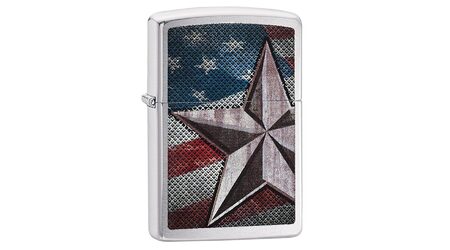 Зажигалка Zippo 28653 Retro Star and U.S. Flag Brushed Chrome (крупнозернистая шлифовка хрома, рисунок звезды на фоне американского флага)